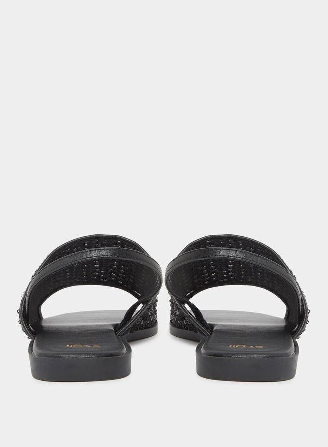 Styli Black Sequin Flat Sandals - Image 4